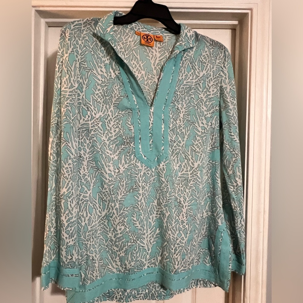 Tory Burch Blue and white coral print cotton long sleeve tunic top